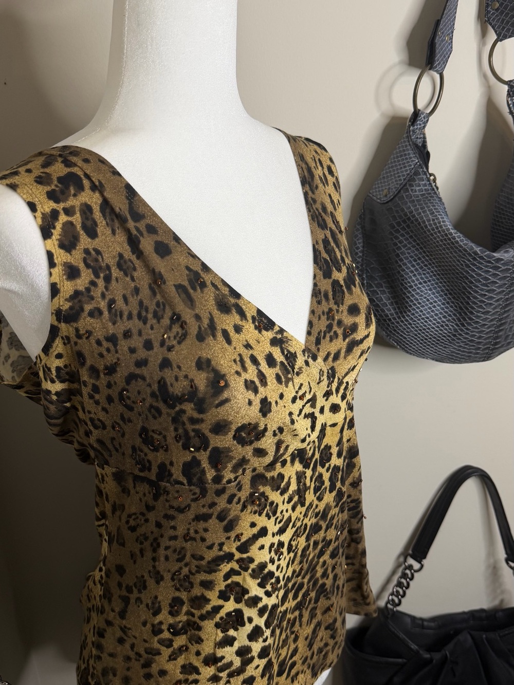 Leopard Print V-Neck Embellished Sleeveless Top - Gold and Black - 100% Cotton